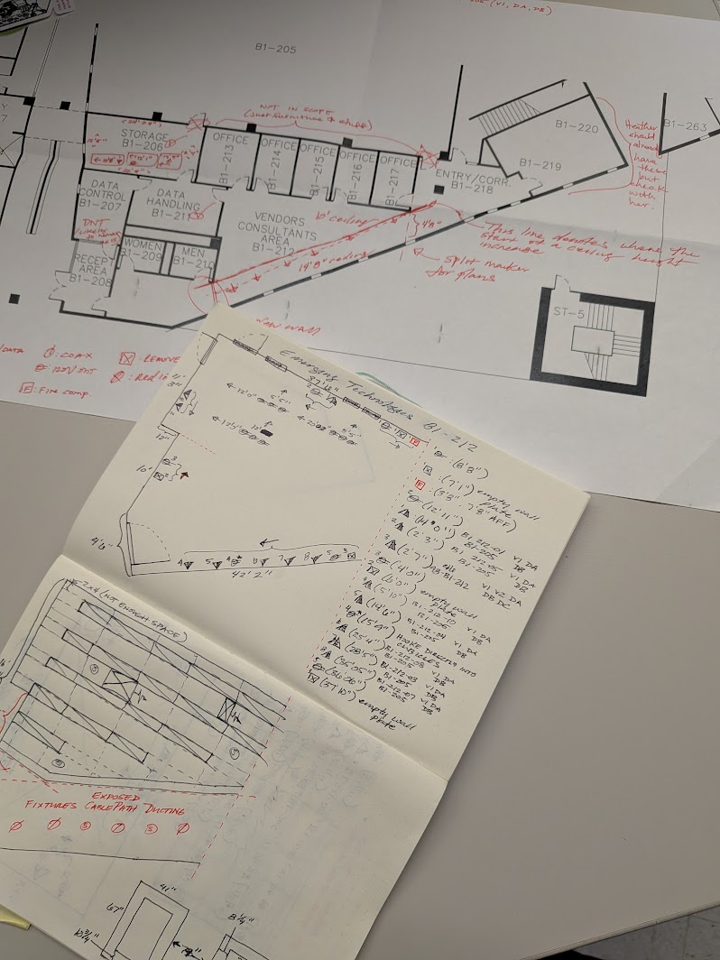 Floor plans and handwritten field notes used to plan an instructional space project