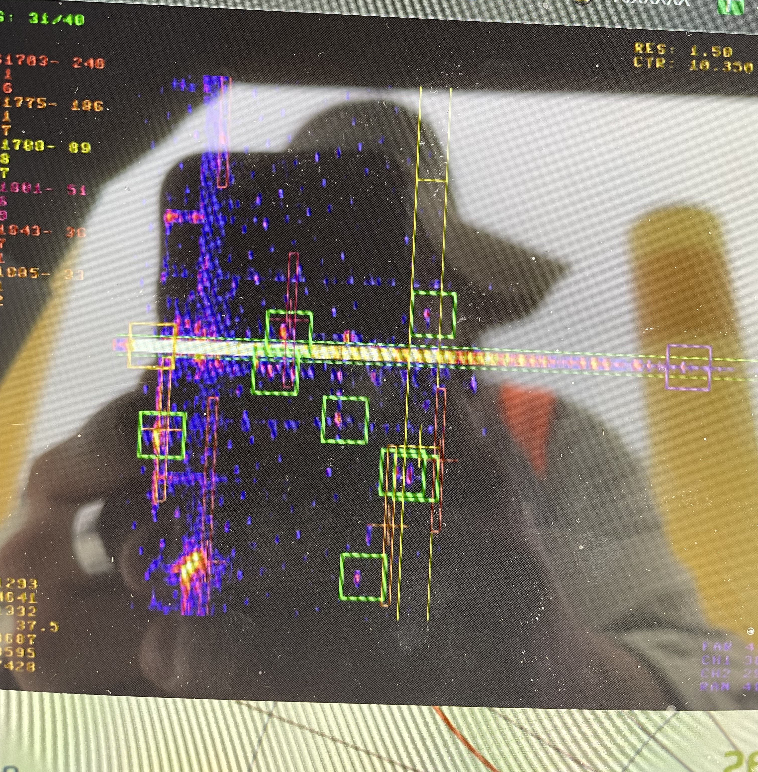 A field photograph of a range-Doppler display used during radar analysis